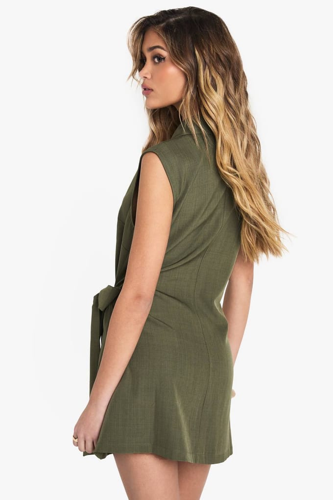 boohoo Dames Linnenlook wikkel-drape voorkant mouwloze blazerjurk | Khaki | Maat: 6