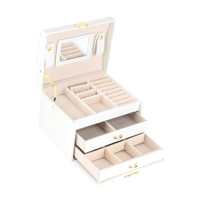 3 Lagen PU Leer Sieraden Opbergkoffer Displaydoos Houder Organizer met Spiegel (Wit) wit