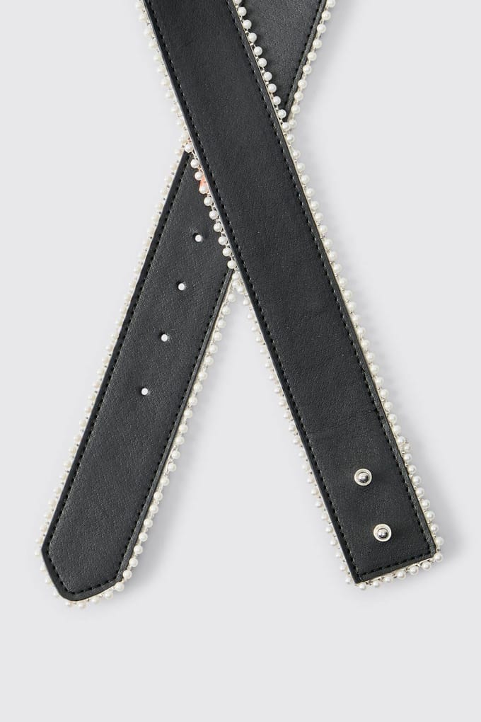 PU Belt With Mock Pearl Edging | Black | Size Large