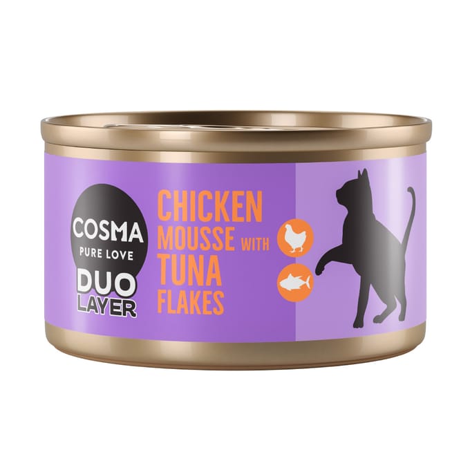 6x70g Kippenmousse met stukjes Tonijn DUO Layer Cosma Kattenvoer