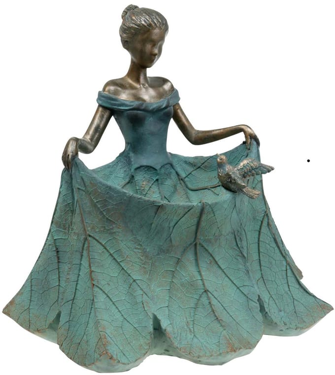 Vogelbad tuinfiguur meisje in bloemenjurk H33.5cm