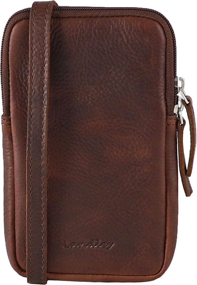 Landley Compact Leren Dames Telefoontasje - Antique Vintage Pull-up Leer - Donker Cognac / Bruin
