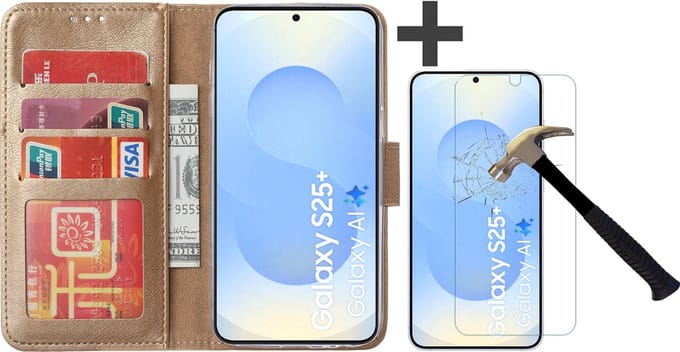 Hoesje met Screenprotector Geschikt voor Samsung Galaxy S25 Plus – Arara bookcase met pasjeshouder - Goud