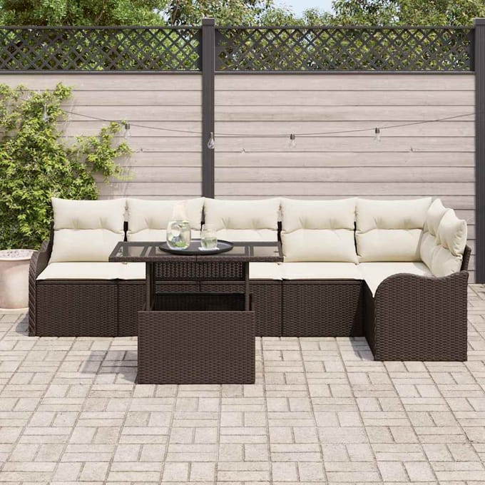 vidaXL Tuinbank Set met kussen met kussen 7 pcs Bruin Poly Riet