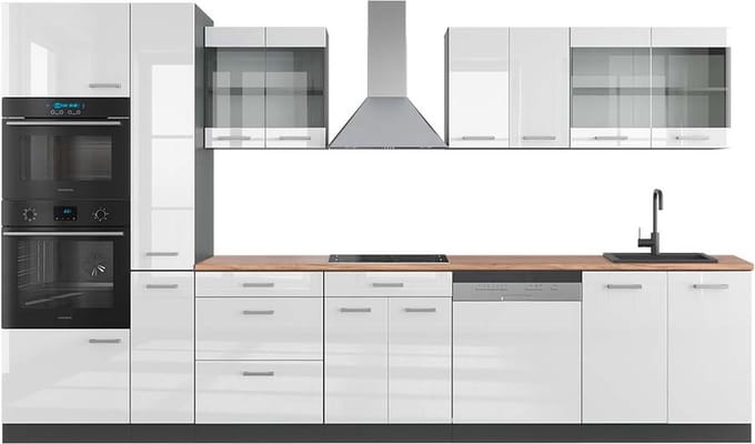 Vicco R-Line Keuken – 350 cm met hoge kast, WB Eik Wit hoogglans/antraciet