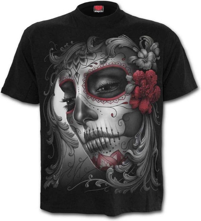 Spiral Unisex Tshirt -S- SKULL ROSES Zwart
