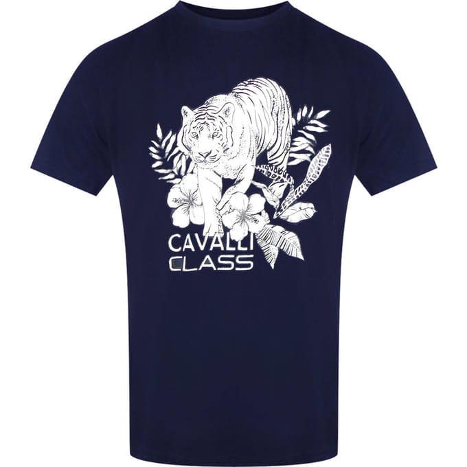 Cavalli Class Tiger Floral Logo Marineblauw T-shirt