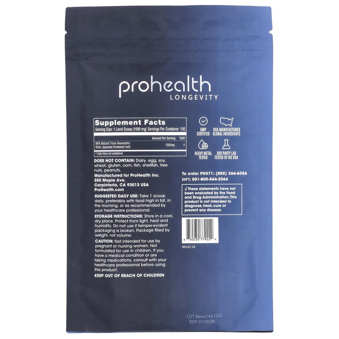 Trans-Resveratrol, Puur Gemalen Poeder, 100G