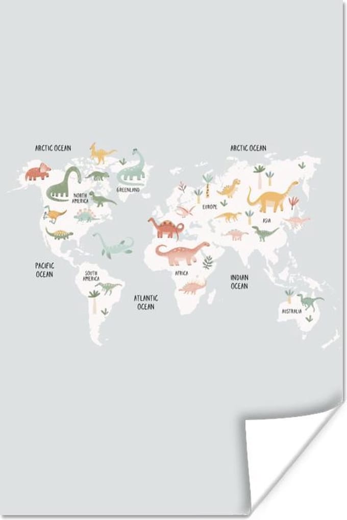 Wereldkaart - Kind - Dino - 60x90 cm - Poster