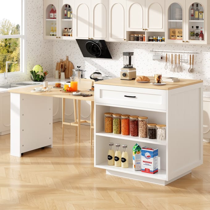REDOM - Uitschuifbare Bartafel Met Opbergruimte En Wielen - Modern - MDF - Wit - 133-202 X 70 X 93,5 Cm