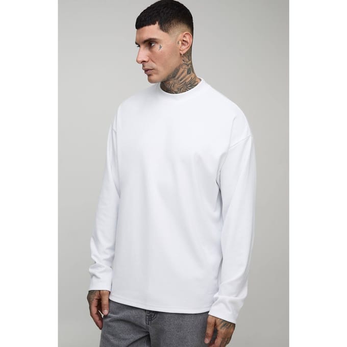 Lang, oversized, superzwaar premium T-shirt met lange mouwen | White | Size Medium