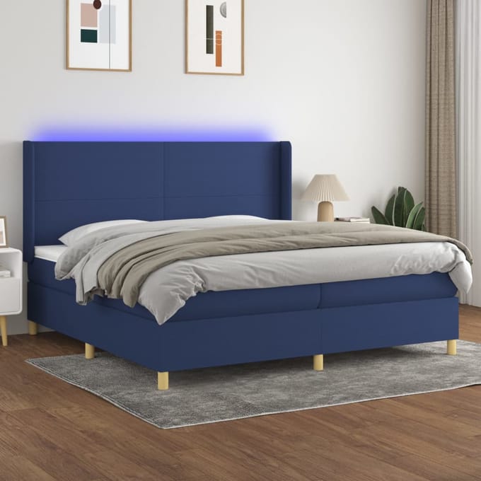 vidaXL - Boxspring - met - matras - en - LED - stof - blauw - 200x200 - cm
