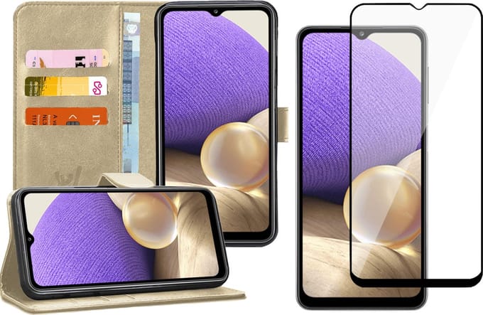 Hoesje geschikt voor Samsung Galaxy A32 5G - Screen Protector FullGuard - Book Case Kunstleer Pasjeshouder Goud & Screenprotector