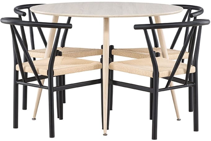 Plaza eethoek tafel Ø100cm en 4 stoelen met armleuningen stapelbaar whitewash.