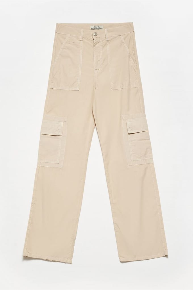 Hoge Taille Katoenen Poplin Rechte Broek