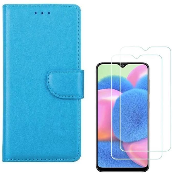 hoesje Geschikt voor: Samsung Galaxy A30S Portemonnee Turquoise met 2 stuks Glas Screen protector