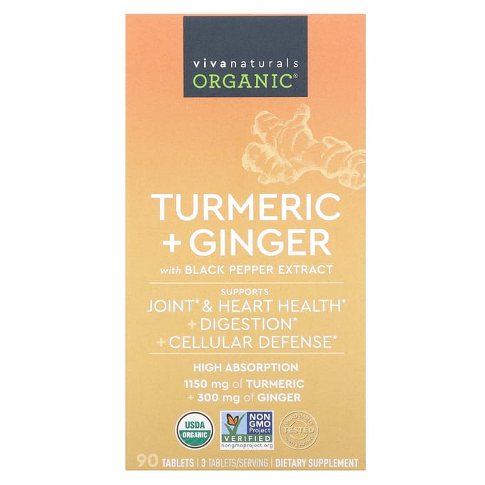Viva Naturals, Bio, Curcuma + Gingembre, 90 Comprimés