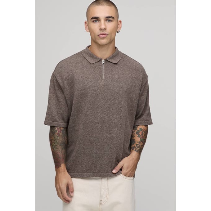 Oversized Boxy 1/4 Zip Cotton Blend Knitted Polo T-Shirt | Brown | Size Small