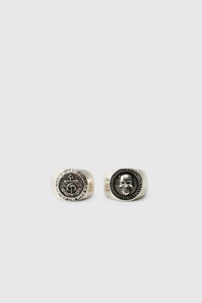2 Pack Chunky Signet Rings | Silver | Size Small/Medium