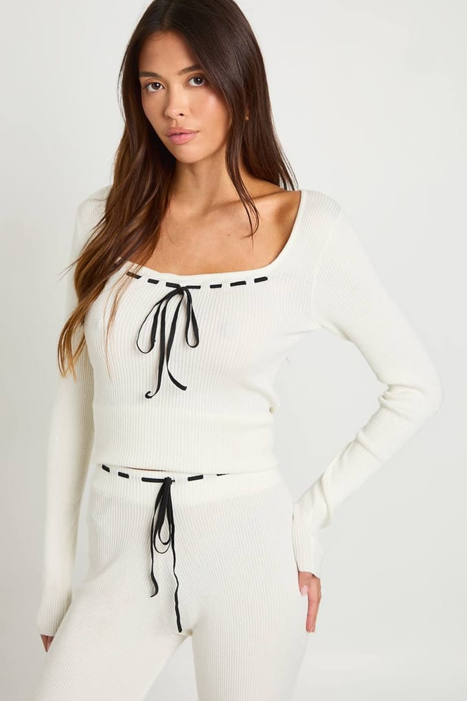 boohoo Dames Contrast Vetersluiting Detail Geribbelde Brei Co-ord | Ivoor | Maat: Medium