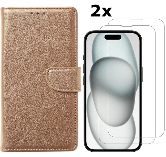 Hoesje Geschikt voor iPhone 15 Plus hoesje bookcase met 2x screenprotector – Goud