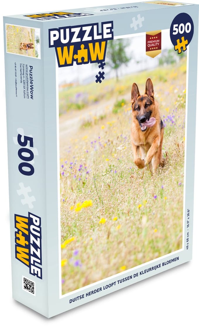 Puzzel Duitse Herder loopt tussen de kleurrijke bloemen - Legpuzzel - Puzzel 500 stukjes