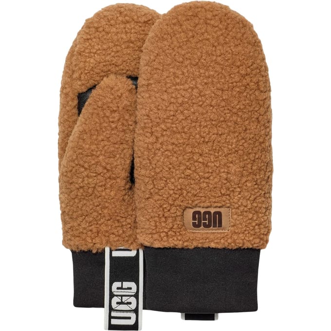 UGG® UGG fluff Mitten With Logo Tape for Women in Brown, Size S/M, Fleece/Polyester/Leather