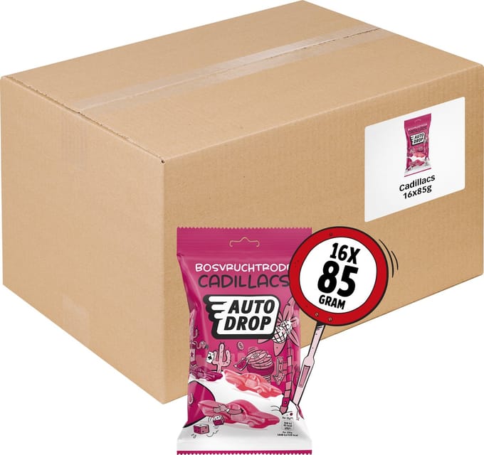 Autodrop - Snoep - Beroemde Bosvruchtrode Cadillacs - 16 zakjes - 85 gram