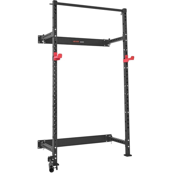 Opvouwbare Power Cage, Wandmontage Power Rack Squat Rack, Multifunctionele Krachttraining Workout Apparatuur met Landmine Houder, Verstelbare J-Hooks &