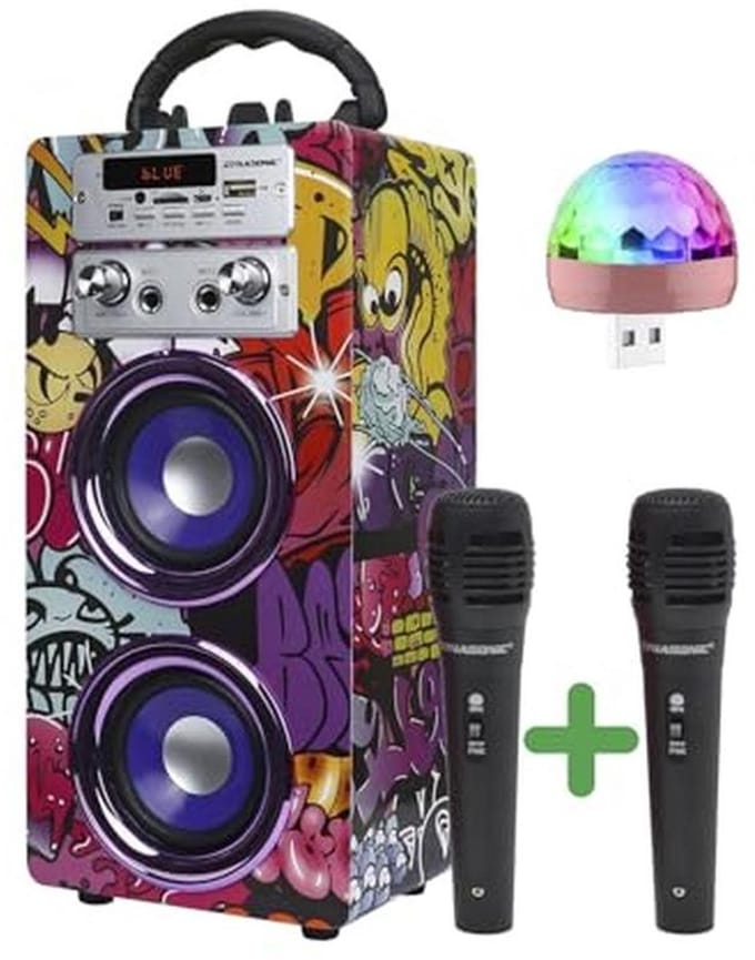 Dynamische Karaoke Machine - Draagbare Karaoke Speaker met 2 Microfoons, Bluetooth, USB Light, USB en SD Kaartlezer, Uniek Geschenk