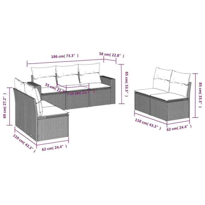 vidaXL - 7-delige - Loungeset - met - kussens - poly - rattan - zwart