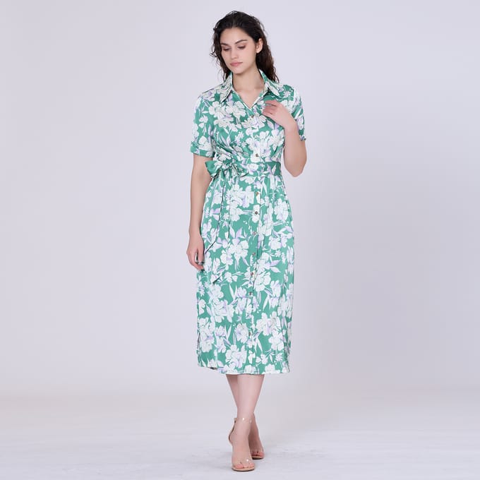 Macro Flower Print MIDI-shirt- Jurk