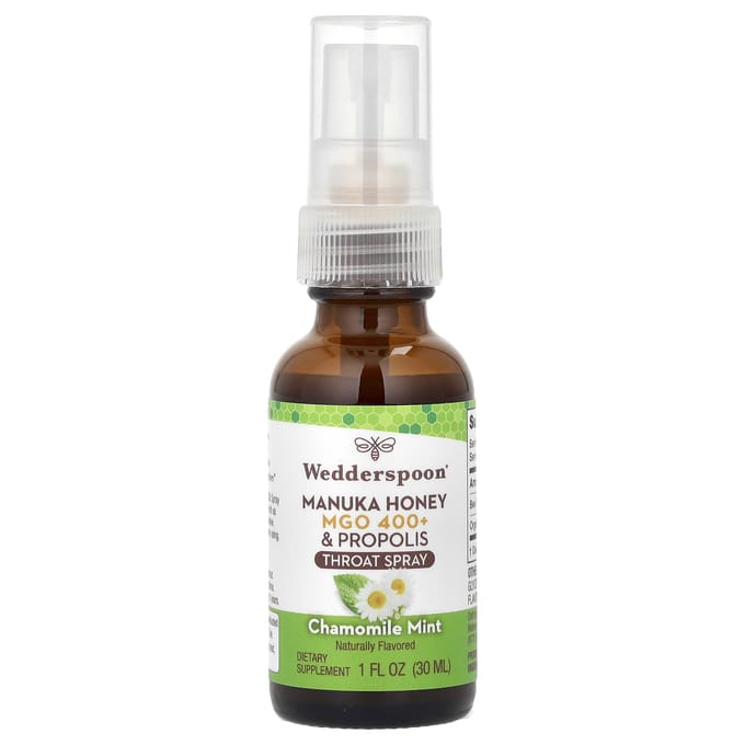 Wedderspoon, Miel de Manuka et Propolis, Spray pour la gorge, Camomille Menthe, MGO 400+, 1 fl oz (30 ml) white