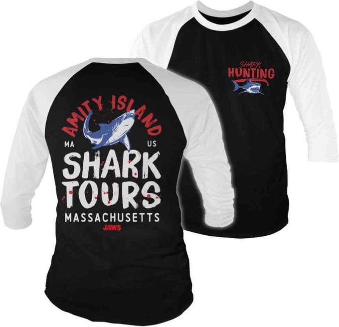 Jaws Raglan top -XL- Amity Island Shark Tours Zwart/Wit