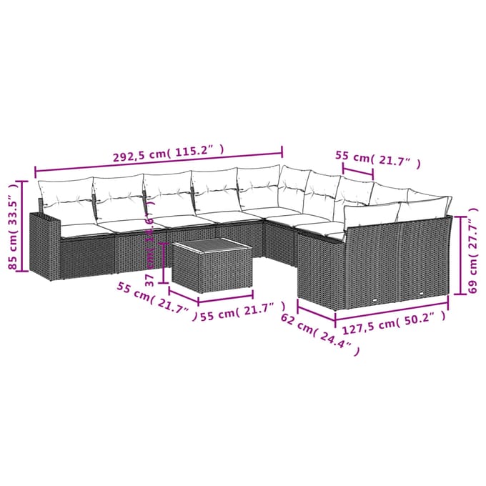 vidaXL - 11-delige - Loungeset - met - kussens - poly - rattan - grijs