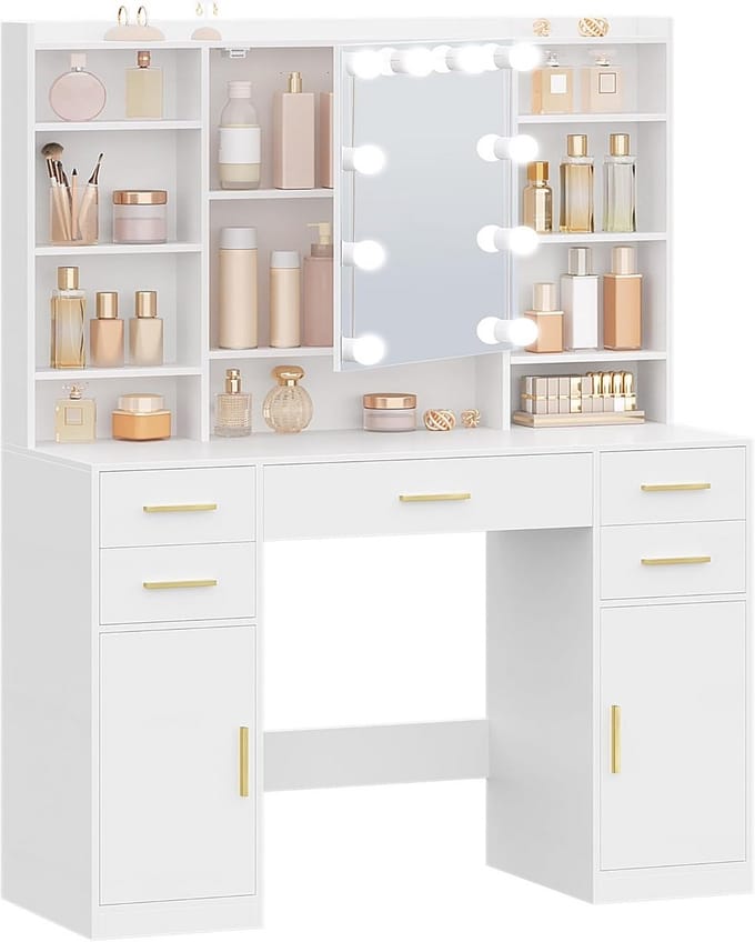 Kaptafel met Spiegel en 10 LED-Lampen - Make-up Bureau met Instelbare Helderheid en Opslagruimte