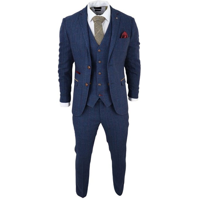 Heren Blauwe Tweed Ruit 3-Piece Pak