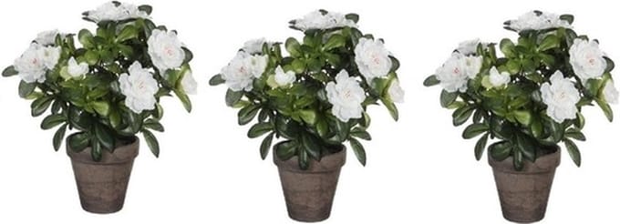 Mica Decorations Kunstplant - 3x - Azalea - groen/wit - 27 cm - Met mooie bloemen