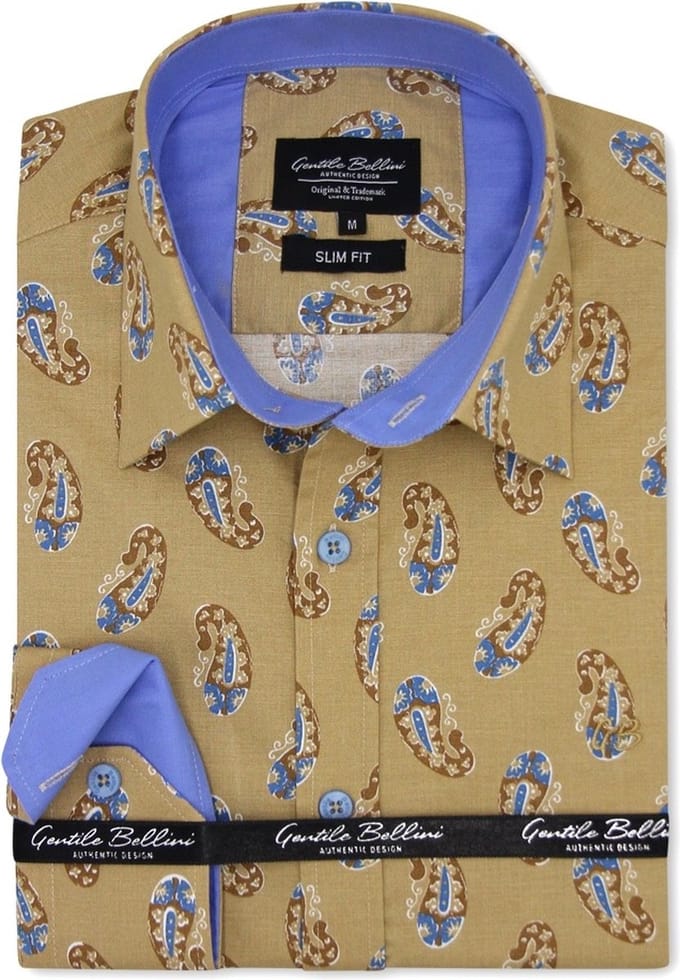 Heren Overhemd - Slim Fit - Retro Paisley - Camel - Maat S
