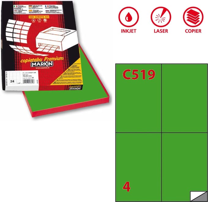 Markin X210C519VE, Groen, Zelfklevend printerlabel, A4, Cellulose, Acryl, Permanent