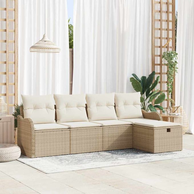 vidaXL - Tuinbank - Set - 5 - st - 4-zits - Beige - en - Crème - poly - rattan