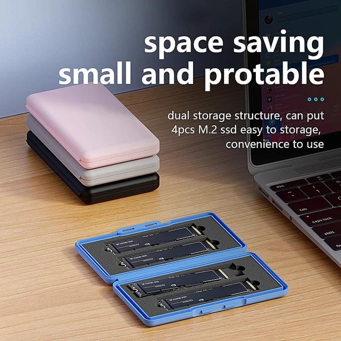 Boîtier de stockage pour SSD M.2 à 4 emplacements Boîtier 2280 pour SSD Sac pour boîtier SSD SATA NVme Boîte pour disque dur SSD Boîte portable antichoc pour SSD bleu