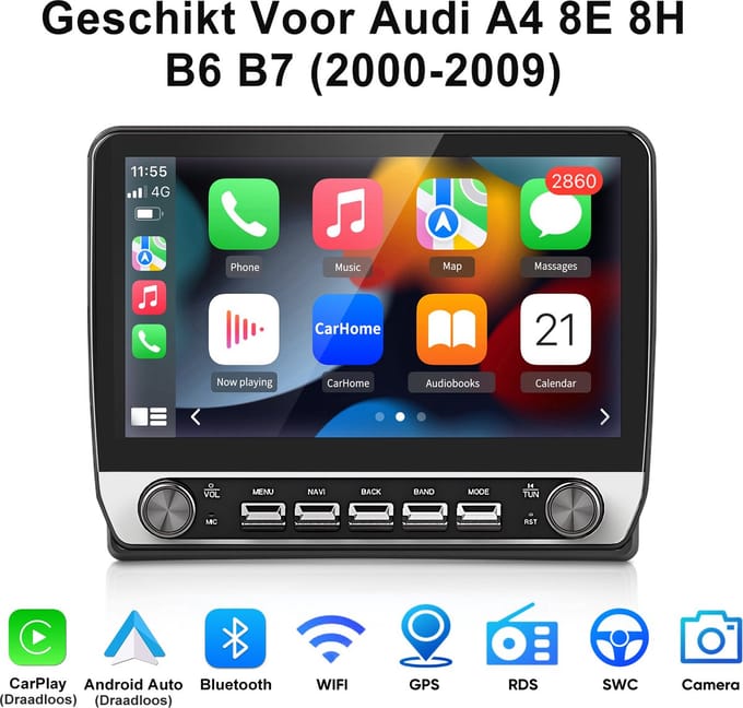 Junsun Android 15 Autoradio Geschikt Voor Audi A4 8E 8H B6 B7 (2000-2009) Accessoires, 2GB+64GB, Draadloze CarPlay & Android Auto, DAB+, GPS-Navigatiesystem, Bluetooth, WiFi, USB, RDS, 10.1-inch Touchscreen, DSP, Quad-core processor