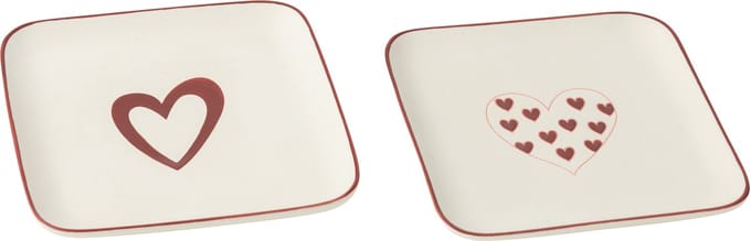 J-Line bord Harten - porselein - wit/rood - 2 stuks