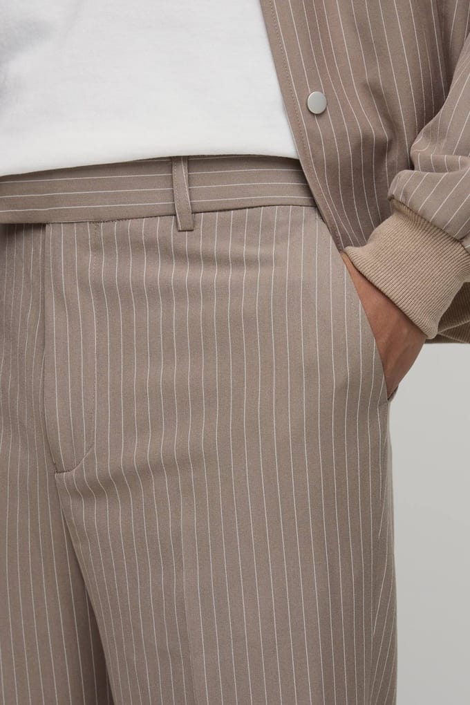 Gestreken Rechte Pasvorm Gestreepte Co-ord Broek | Taupe | Size 30