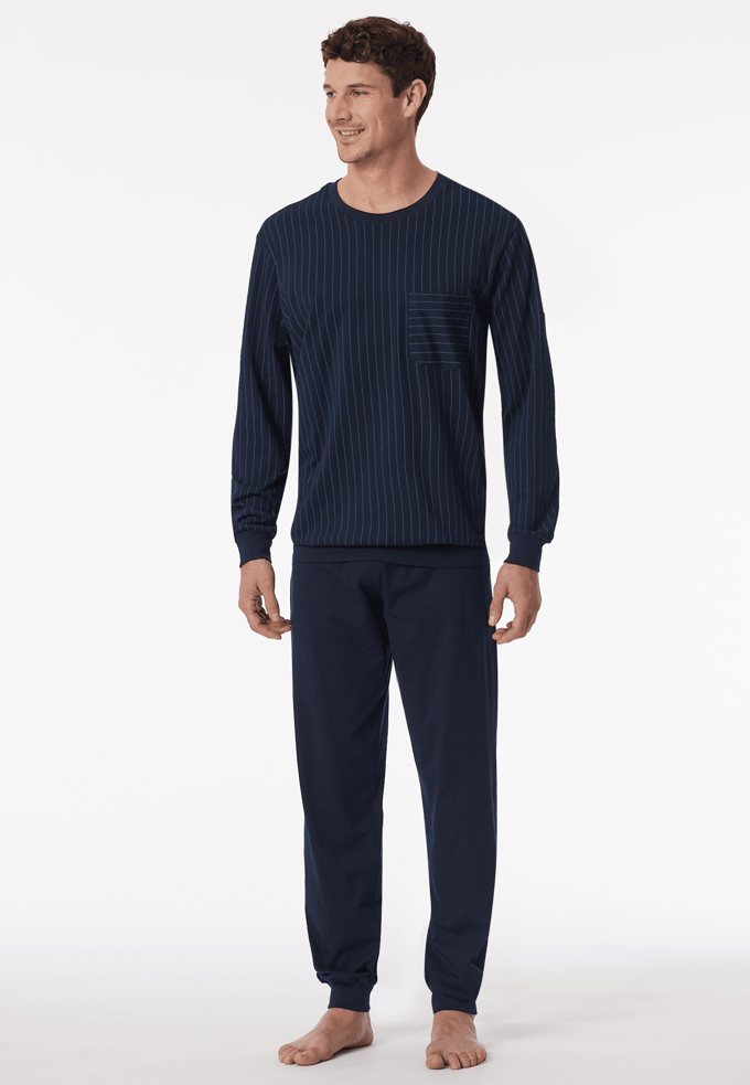 SCHIESSER Cotton Essentials Pyjama lang - heren pyjama set - donkerblauw gestreept