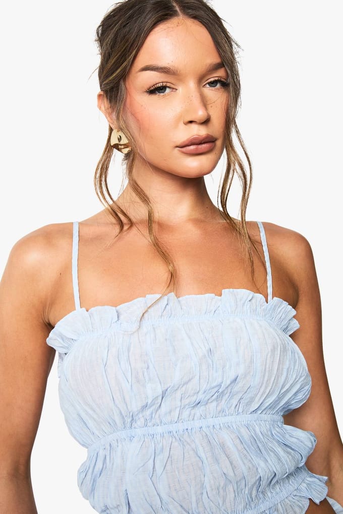 boohoo Dames Textured Stripe Ruffle Cami | Babyblauw | Maat: 40