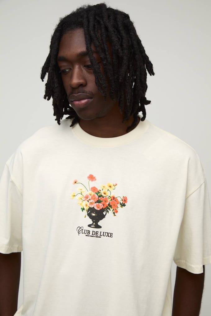 Ecru Oversized Boxy T-shirt Met Micro Bloemenprint | Size Small