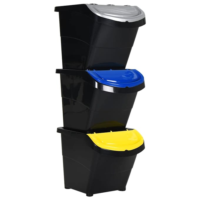 vidaXL - Afvalbakken - met - deksels - stapelbaar - 3 - st - PP - 78 - L - zwart