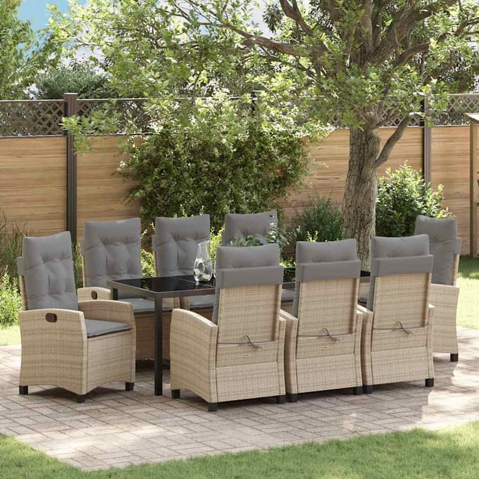 vidaXL - Tuin - Eettafel - Set - 9 - st - Beige - poly - rattan
